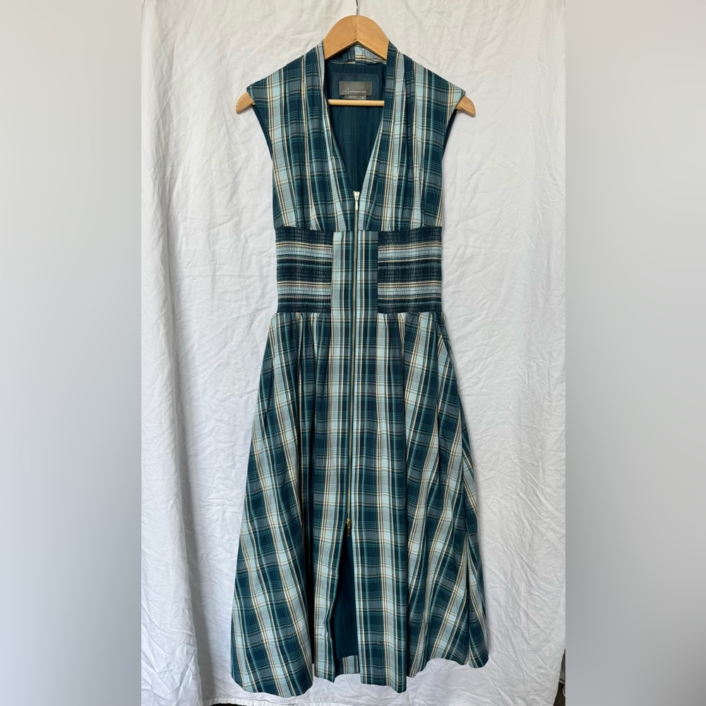 Anthropologie Blue, Green & White Plunge Neck Midi Sundress XS